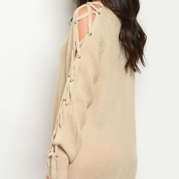 Tan Lace Up Sleeve Cozy Sweater Dress - Picture 4 of 5